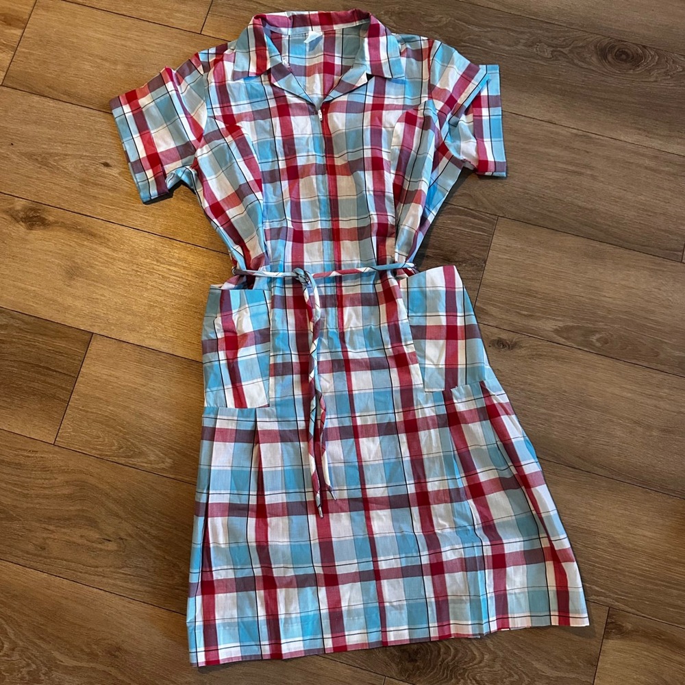 Vintage Sharri Alyse Plaid Zip Front House Dress Red Blue White Retro Size 20.5